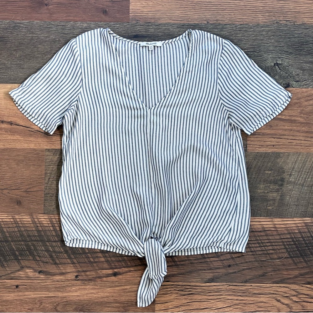Madewell Blue and White Striped Tie-Front Blouse